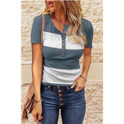 Blue Color Block Button Knitted T-shirt