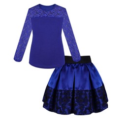 Школьный комплект для девочки с синим джемпером (блузкой) и синей атласной юбкой