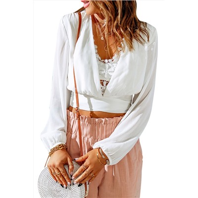 White Knotted Ribbed Knit Deep V Neck Crop Top