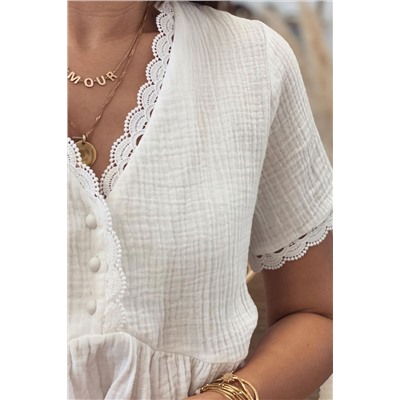 White Scalloped Trim Buttons Crinkled Peplum Top