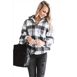 Черно-белый клетчатый пуловер-свитшот с воротником на молнии