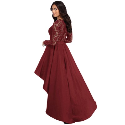 Бордовое вечернее платье с кружевным верхом и удлиненной сзади юбкой со шлейфом