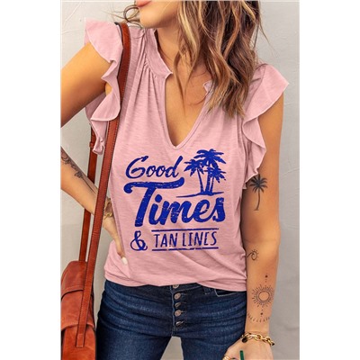 Розовый топ с оборками на плечах и надписью: Pink Good Times & Tan Lines