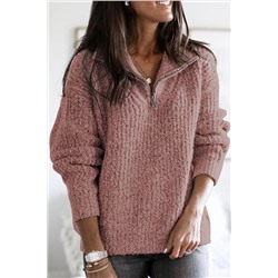 Розовый свитер крупной вязки с воротником на молнии
