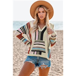 Бежевый вязаный свитер-худи с разноцветным полосатыми вставками