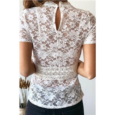 White Floral Lace Crochet Slim-fit Crew Neck Short Sleeve Top