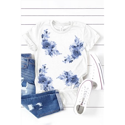 White Floral Print Crew Neck Short Sleeve Graphic Tee