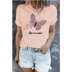 Pink Butterfly Letter Print Short Sleeve Graphic Tee