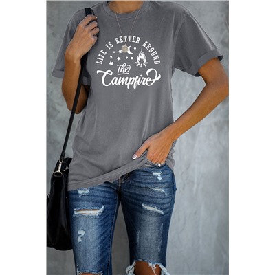 Gray The Campfire Letter Graphic Print Short Sleeve T Shirt