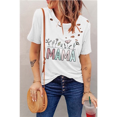 White Distressed Holes MAMA Print T Shirt