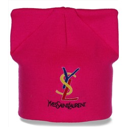 Ярко-розовая женская шапка Yves Saint Laurent с клевыми ушками и дизайнерской вышивкой  №4904