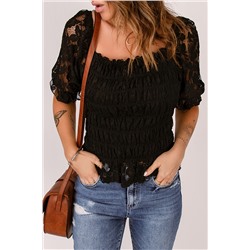 Black Floral Lace Crochet Ruffled Shirred Square Neck Top