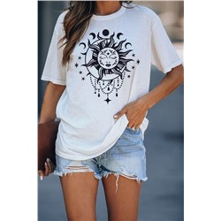 White Sun Moon Face Print Short Sleeve Graphic T-shirt