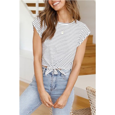 White Striped Crop Top with Tie up