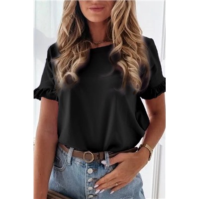 Black Solid Ruffled Short Sleeve T-shirt