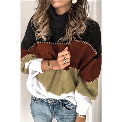 Черно-коричневый вязаный свитер с воротником под горло в разноцветную полоску