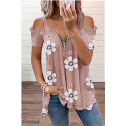 Pink Floral Print Lace Contrast Zipped Cold Shoulder T Shirt