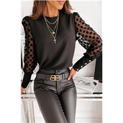 Черная блуза с длинными прозрачными рукавами в горошек и манжетами на пуговицах