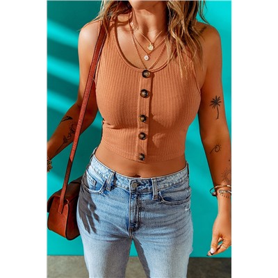 Brown Buttons Front Rib-knit Tank Crop Top