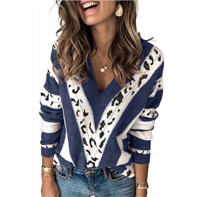 Сине-белый свитер-пуловер с V-образным вырезом и полоскам с леопардовым принтом