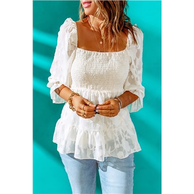 Beige Square Neck Smocked Puff Sleeve Blouse