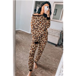 Коричневый пижамный комплект с леопардовым принтом: свитшот с открытым плечом + штаны