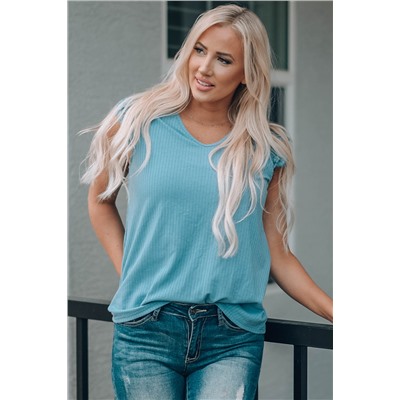 Sky Blue Ruffled Lace Ribbed Knit Top