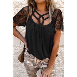 Black Cut Out Lace Patchwork Short Sleeve Top