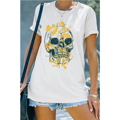 White Death Skull Floral Casual Graphic T-shirt