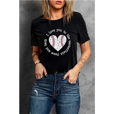 Black Baseball Heart-shaped Letter Print Short Sleeve T Shirt