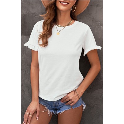 White Solid Ruffled Short Sleeve T-shirt