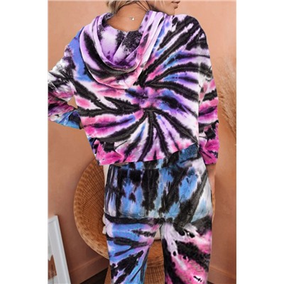 Черный укороченный пижамный комплект с разноцветным красочным принтом: худи + штаны