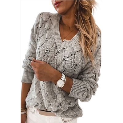 Серый вязаный свитер крупной вязки "под перья" с V-образным вырезом
