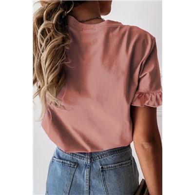Pink Solid Ruffled Short Sleeve T-shirt