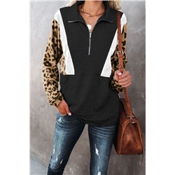 Черно-белый пуловер-свитшот с воротником на молнии и леопардовыми рукавами