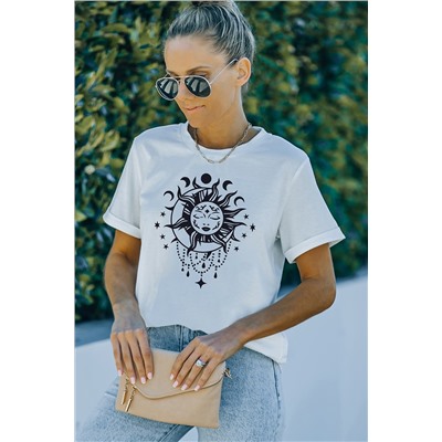 White Sun Moon Face Print Short Sleeve Graphic T-shirt