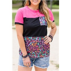 Rose Leopard Print Color Block Textured T-shirt