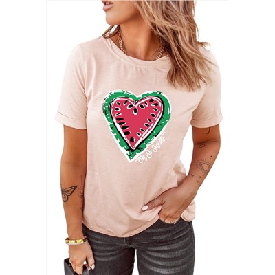 Pink Watermelon Heart Print Short Sleeve Graphic Tee