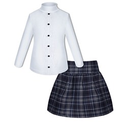 Школьный комплект для девочки с белой водолазкой (блузкой) с пуговочками и синей юбкой в клетку