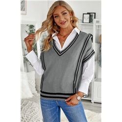 Серый вязаный свитер с V-образным вырезом и короткими рукавами
