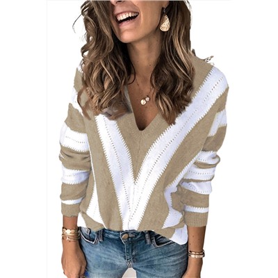 Бежево-белый вязаный пуловер-свитер с V-образным вырезом и полосками