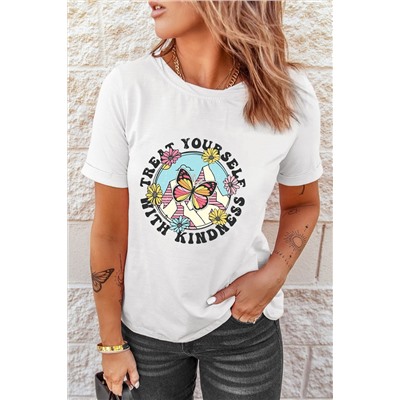 White Treat Yourself with Kindness Butterfly Floral Print Graphic Tee