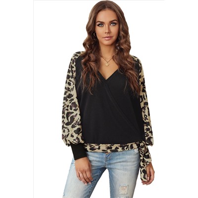 Черный пуловер-свитшот с V-образным вырезом с запахом и леопардовыми вставками