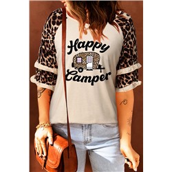 Apricot Happy Camper Leopard Graphic Print Half Sleeve Top