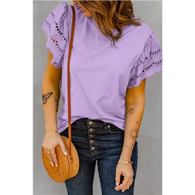Purple Hollow Out Ruffle Sleeve T-shirt