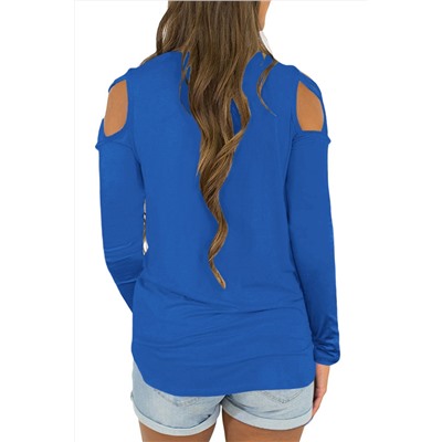 Синяя блуза с длинными рукавами и вырезами с полосками на плечах