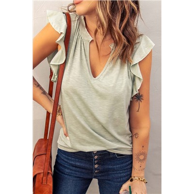 Green Casual Solid V Neck Butterfly Sleeve Blouse