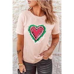 Pink Watermelon Heart Print Short Sleeve Graphic Tee