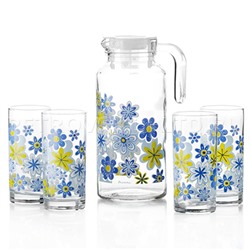 "Spring" Набор для воды стеклянный 5 предметов: кувшин 1,3л, д10см, h23см, стаканов 290мл, д6см, h13см - 4шт, цветная коробка (Россия)