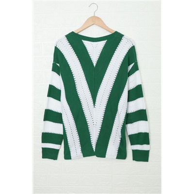 Зелено-белый вязаный пуловер-свитер с V-образным вырезом и полосками